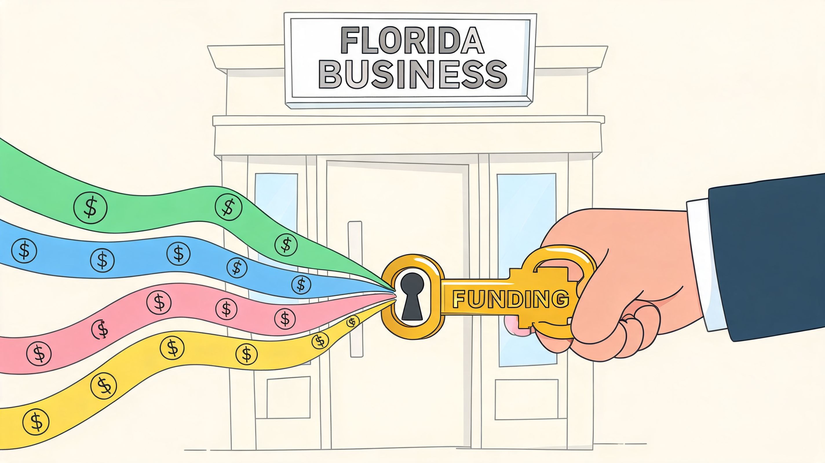 A hand holding a funding key unlocking a building labeled Florida Business with colorful money streams.