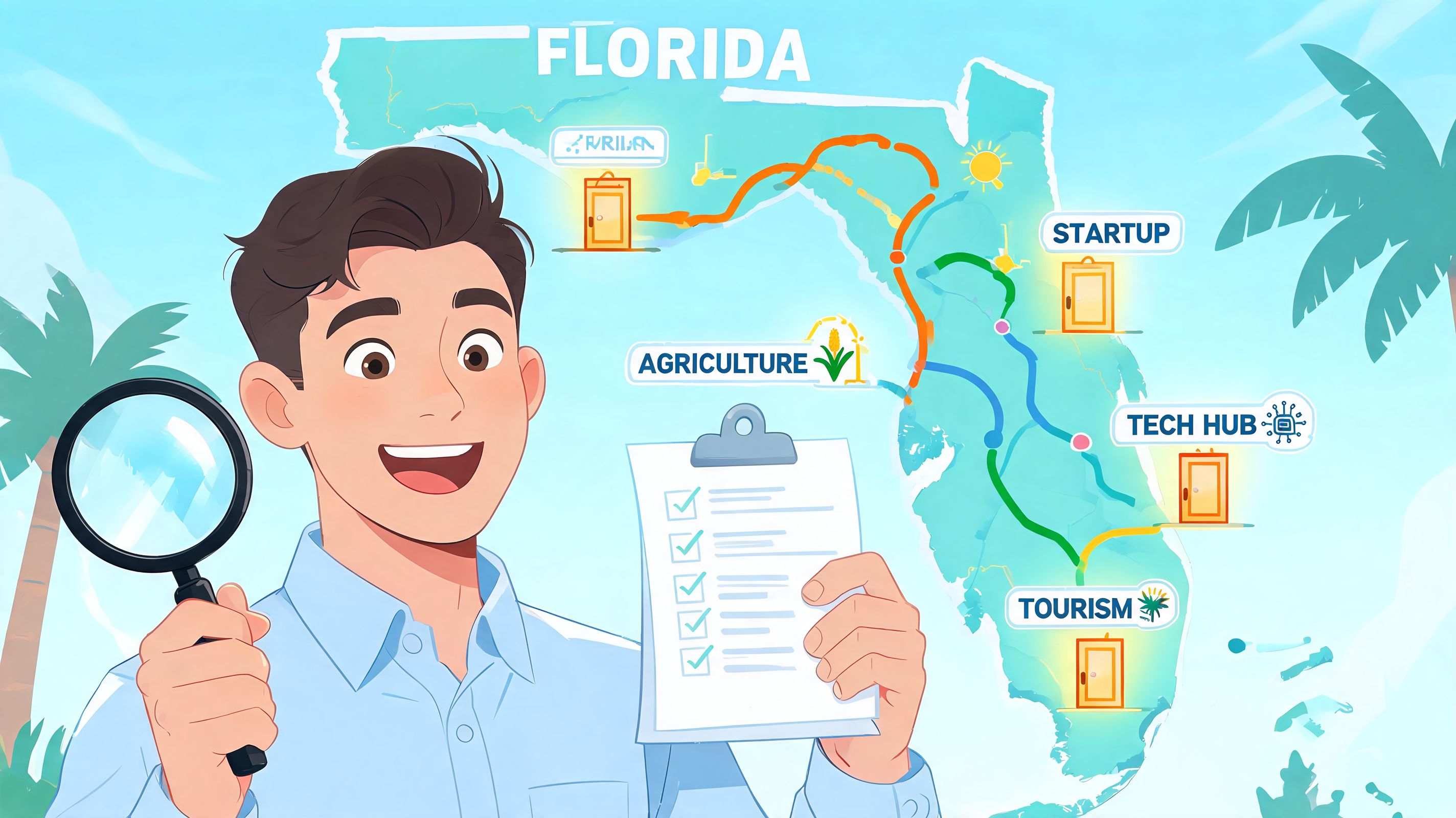 A happy man holding a magnifying glass and a checklist with a Florida map behind him.
