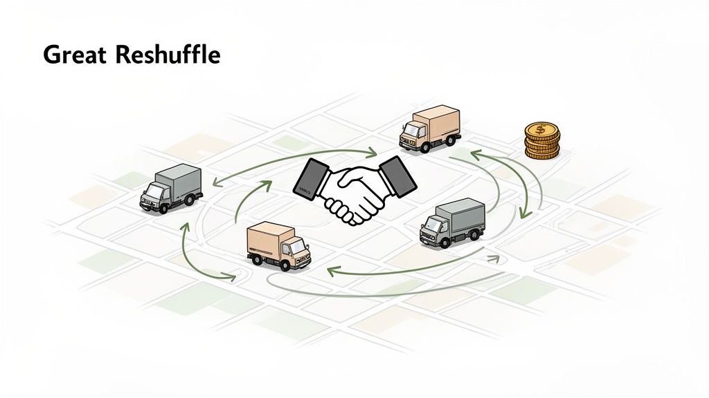 Illustration of delivery trucks, a handshake, and money on a map, depicting business logistics or supply chain.