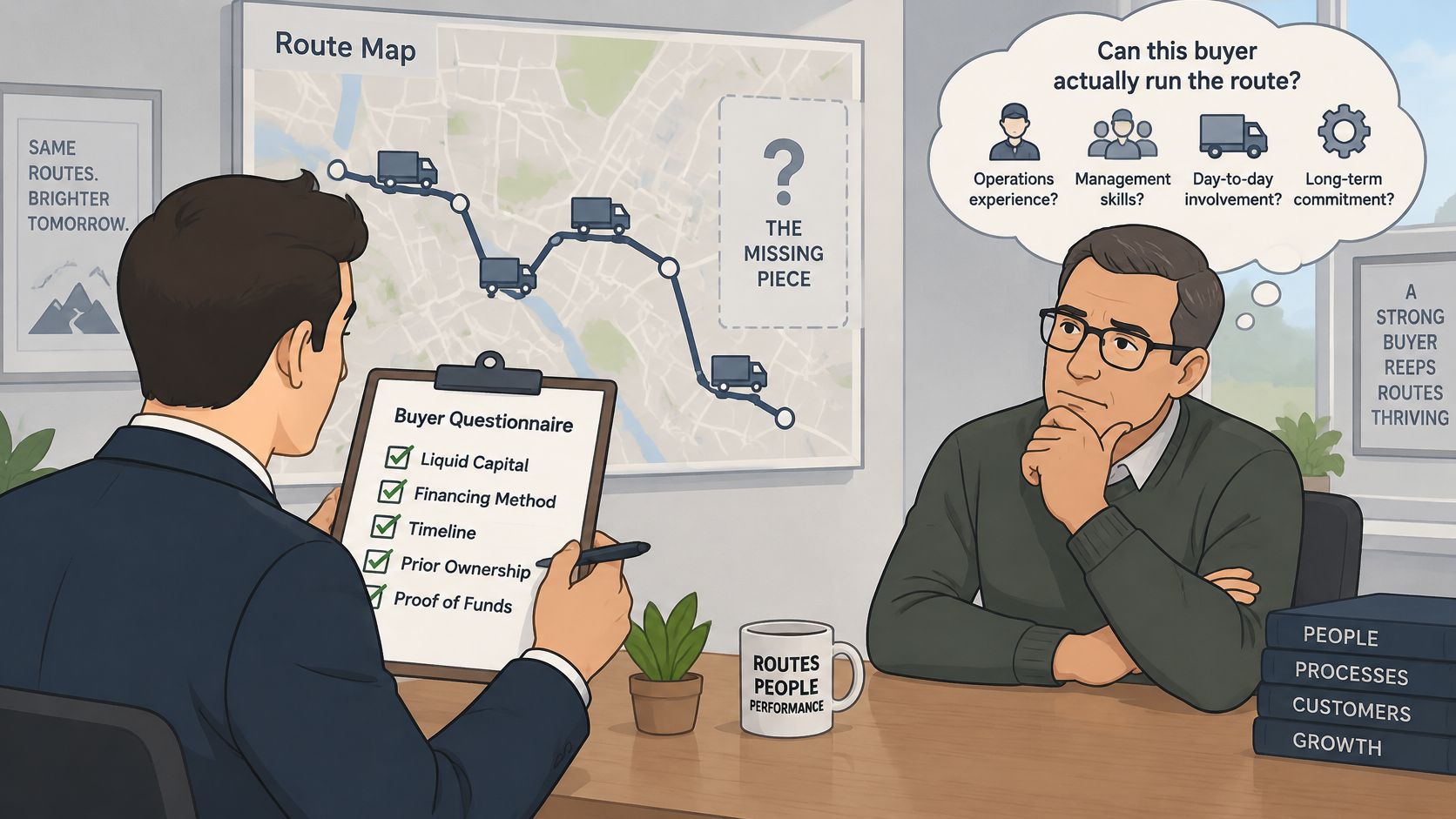 A professional business meeting discussing buyer qualification criteria in front of a route map and performance chart.
