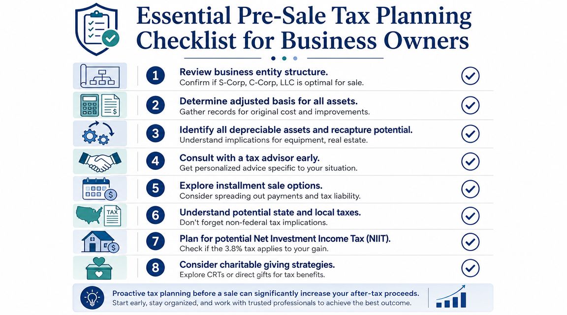 A checklist infographic titled Essential Pre-Sale Tax Planning Checklist for Business Owners with eight actionable steps.