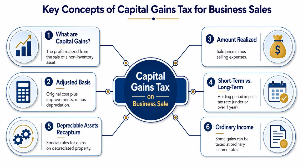 A diagram illustrating six key concepts of capital gains tax on business sales with explanatory icons.