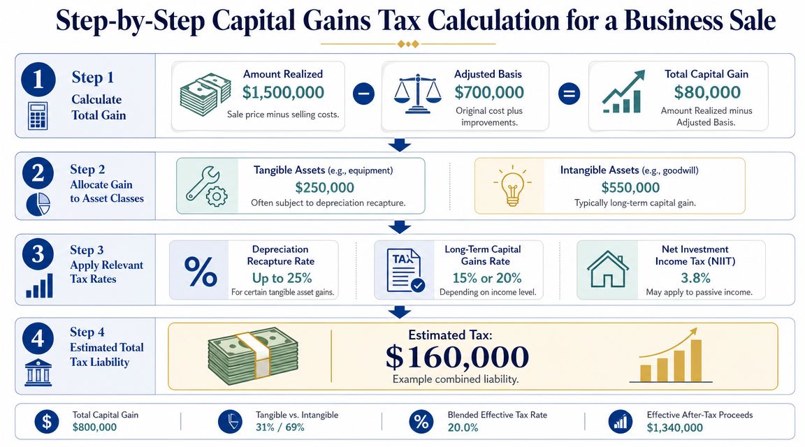 An infographic showing a four-step process for calculating capital gains tax on a business sale.