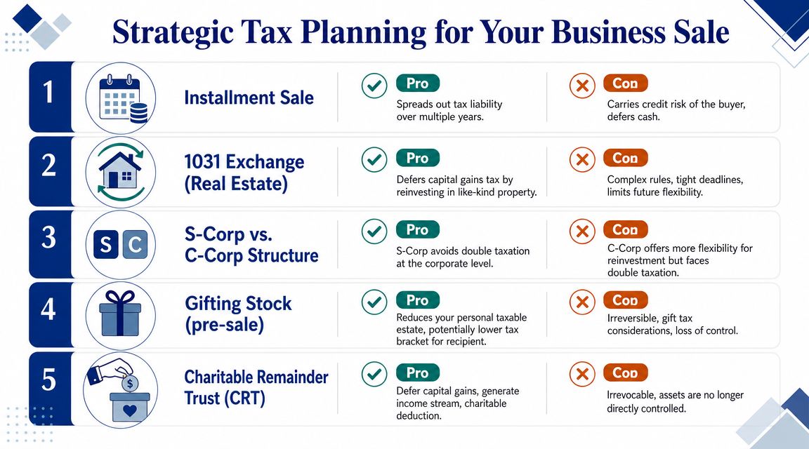 A strategic tax planning infographic listing five methods to reduce tax liability during a business sale.