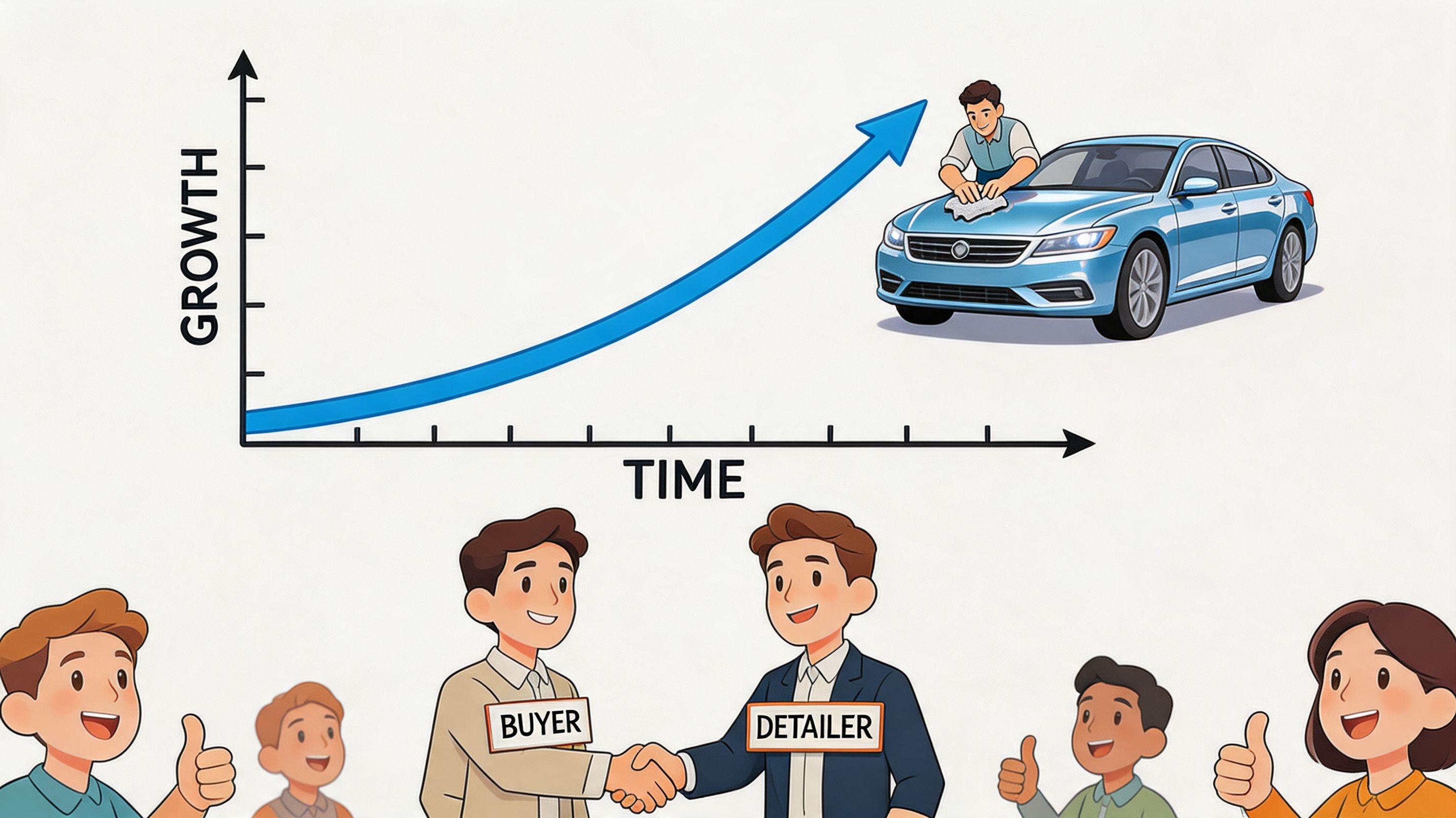 An illustration showing growth in a car detailing business with a buyer and detailer shaking hands.
