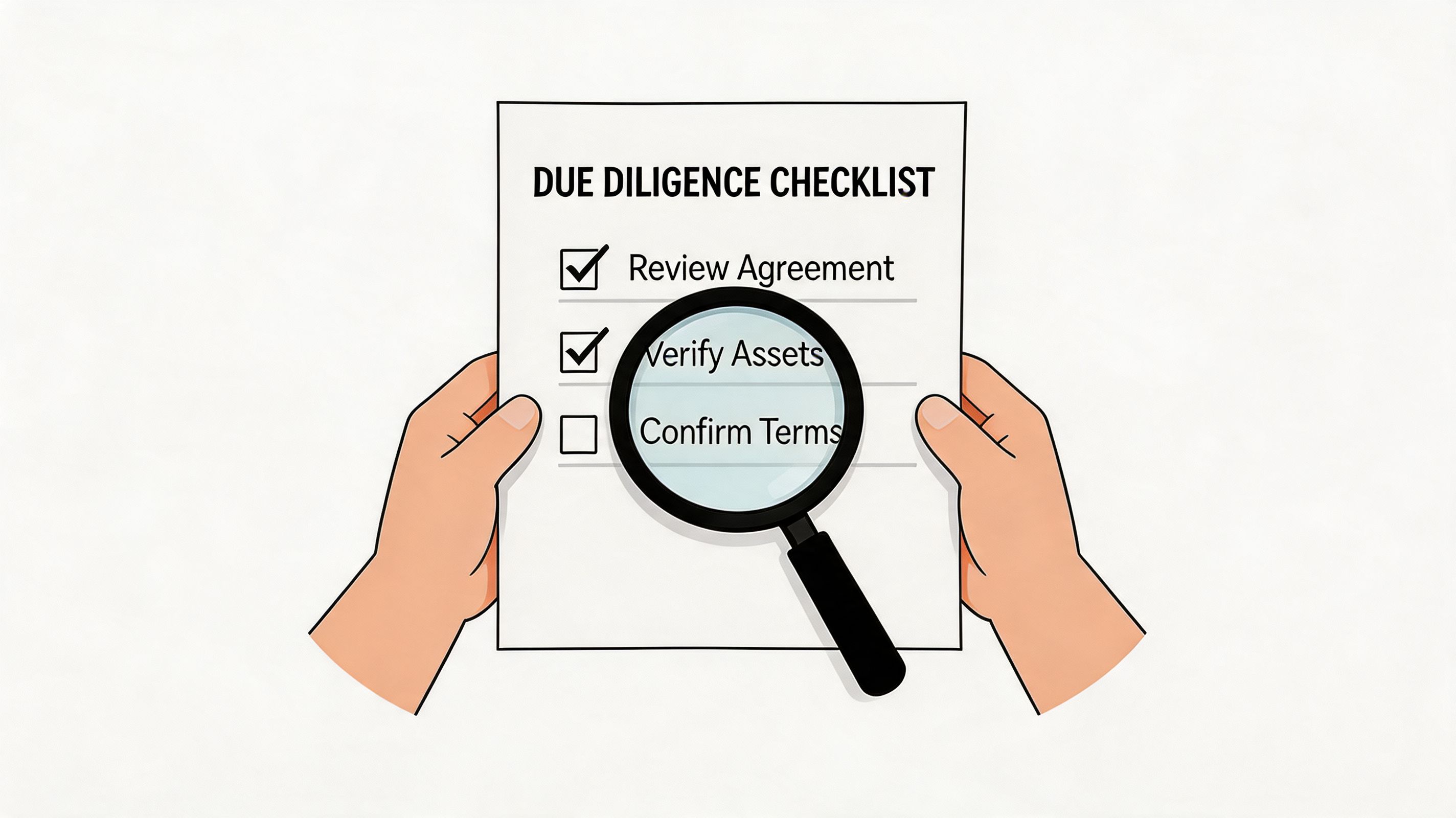 A person holding a due diligence checklist with items to review before buying a business.