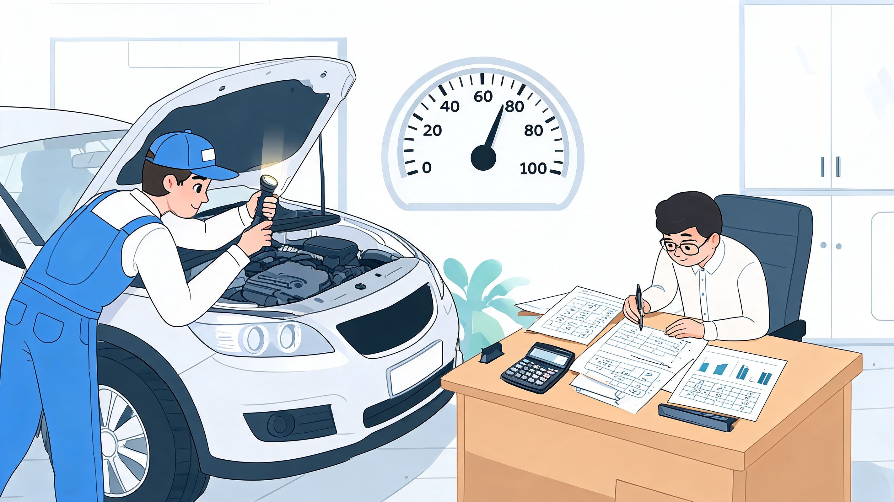 A mechanic inspects a car engine while a service manager calculates repair costs at a desk.