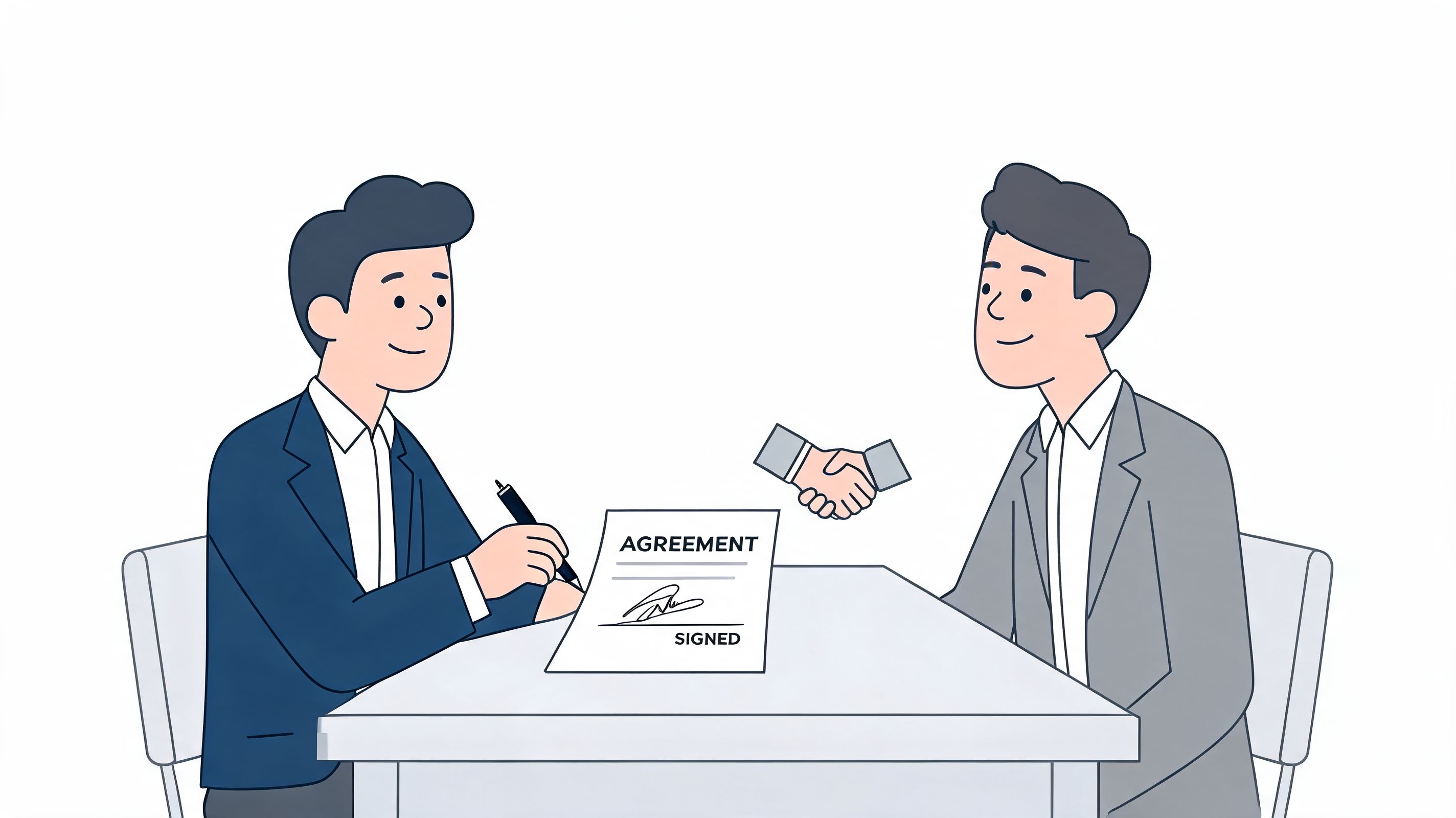 Two professional businessmen sitting at a desk while signing a business agreement and shaking hands in agreement.