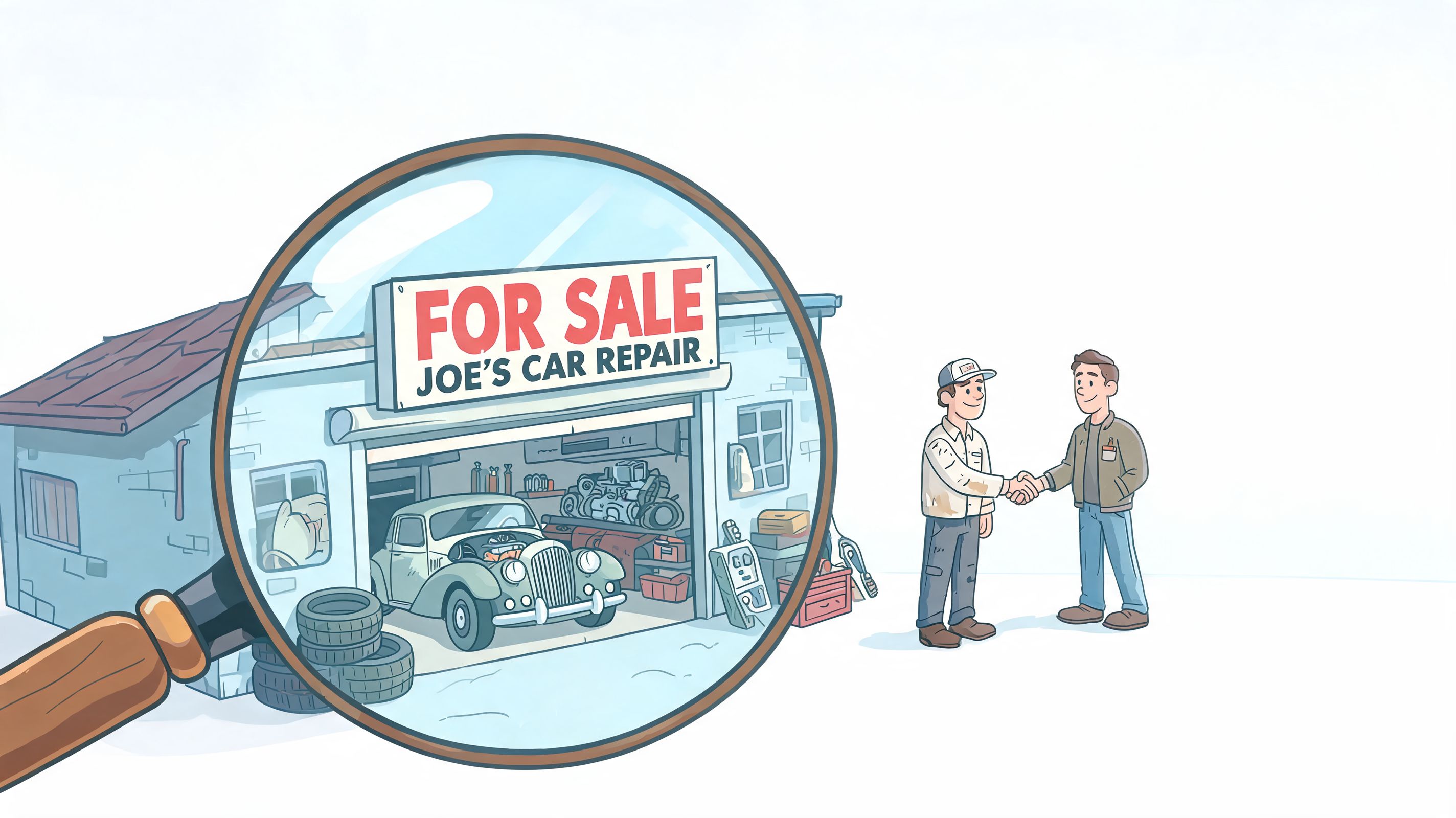 A magnifying glass focusing on a car repair shop with a for sale sign as two men shake hands.