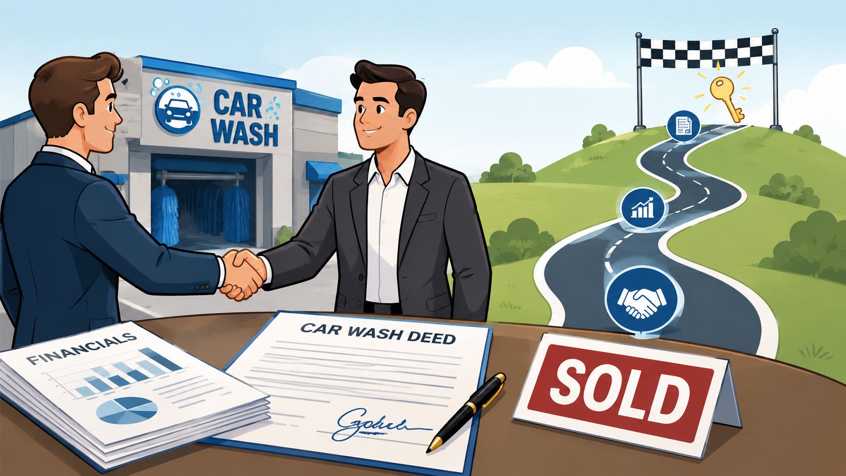 Two businessmen shaking hands in front of a car wash business with a contract and sold sign.