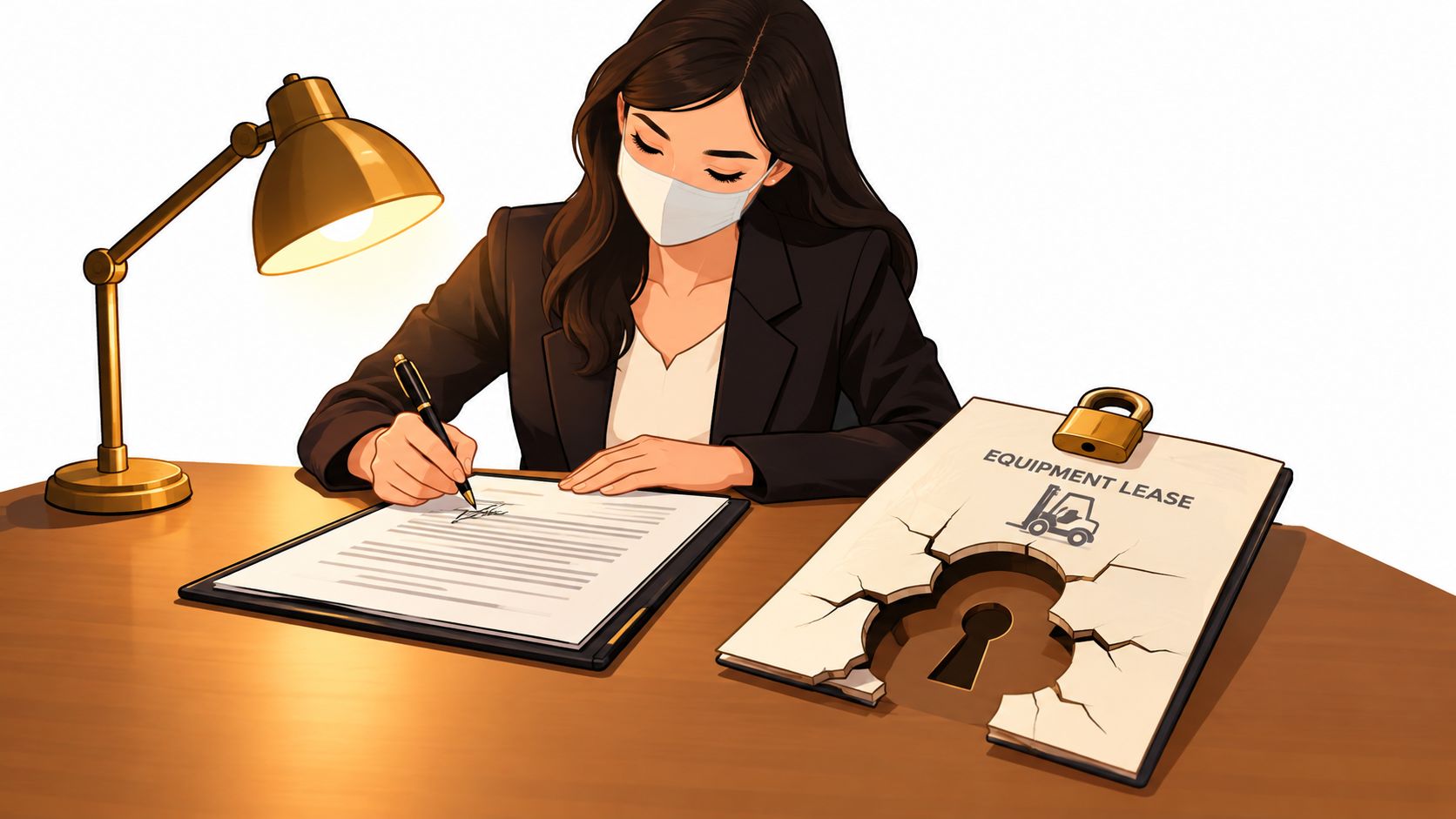 A businesswoman wearing a mask signs an equipment lease document on a wooden desk next to a lamp.