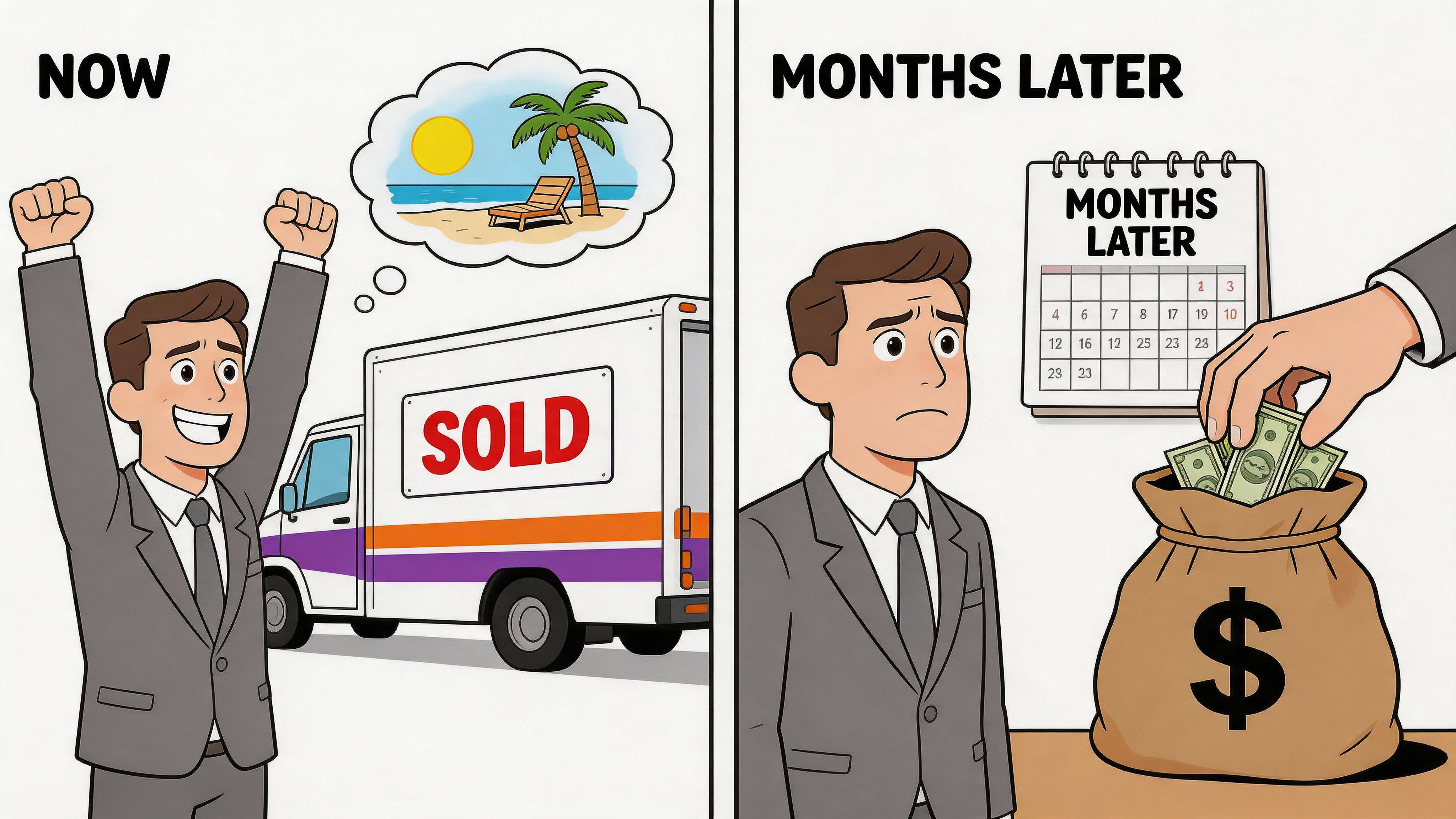 A split image showing a happy man selling a business followed by him looking disappointed months later.