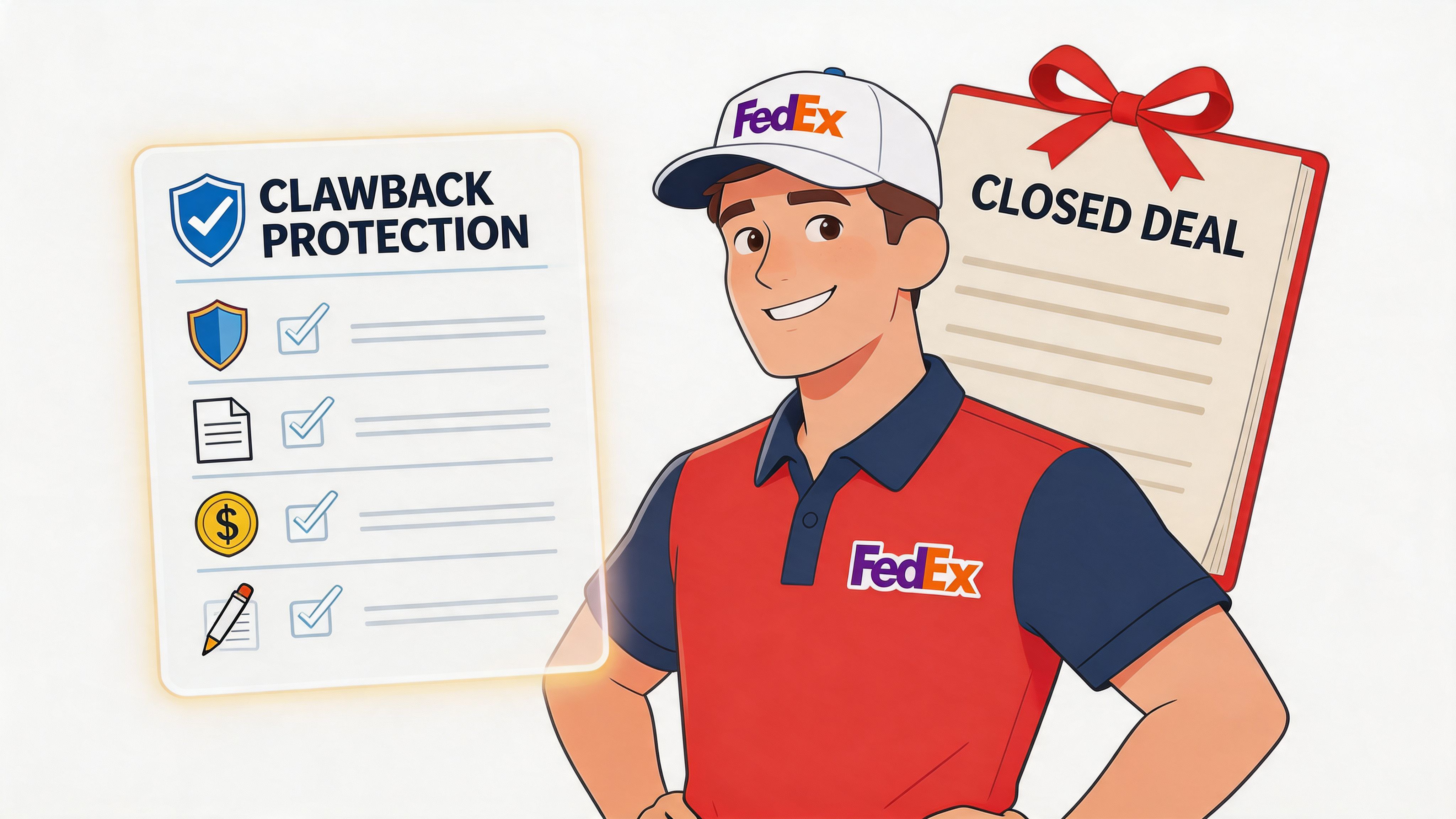 A friendly FedEx employee stands next to a checklist detailing clawback protection and a closed deal document.