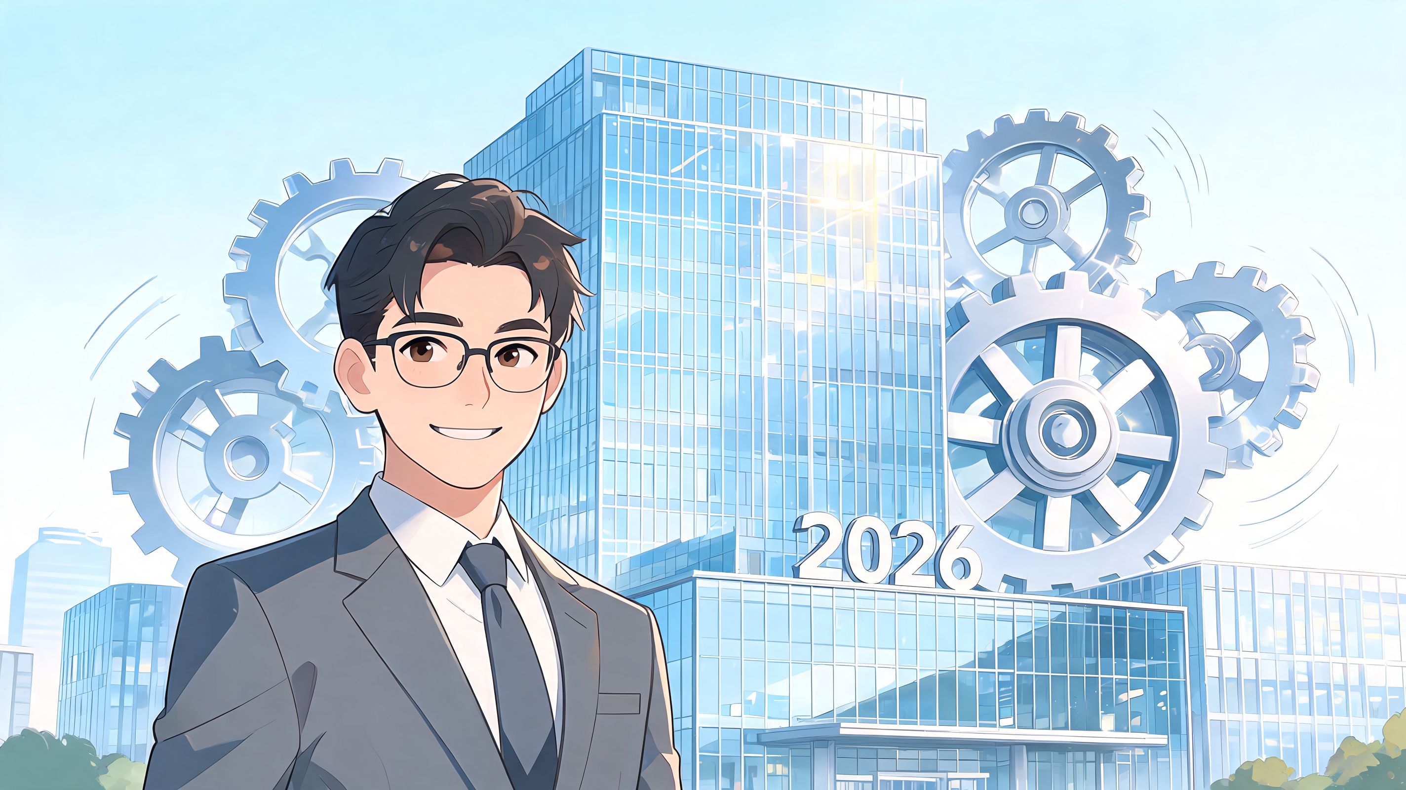 A professional young businessman stands in front of a modern glass office building with clockwork gears.
