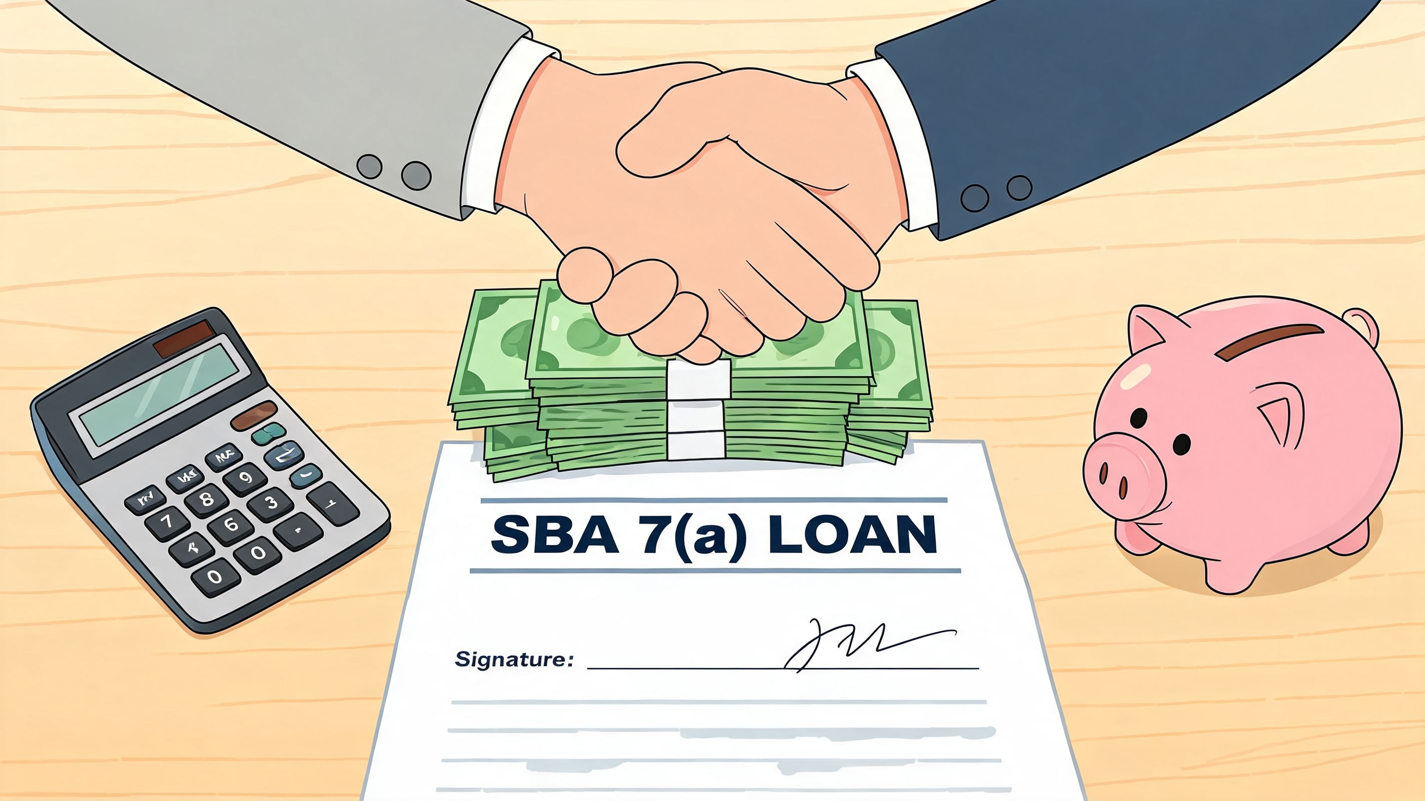 A professional handshake over an SBA 7a loan contract, a stack of cash, a calculator, and a piggy bank.