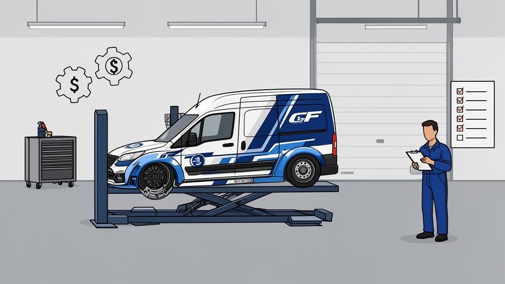 Cartoon image of a mechanic inspecting a commercial van on a lift in a garage, with a checklist and dollar-sign gears.