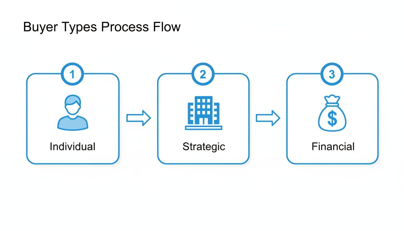 A process flow diagram illustrating three buyer types: Individual, Strategic, and Financial, with corresponding icons.