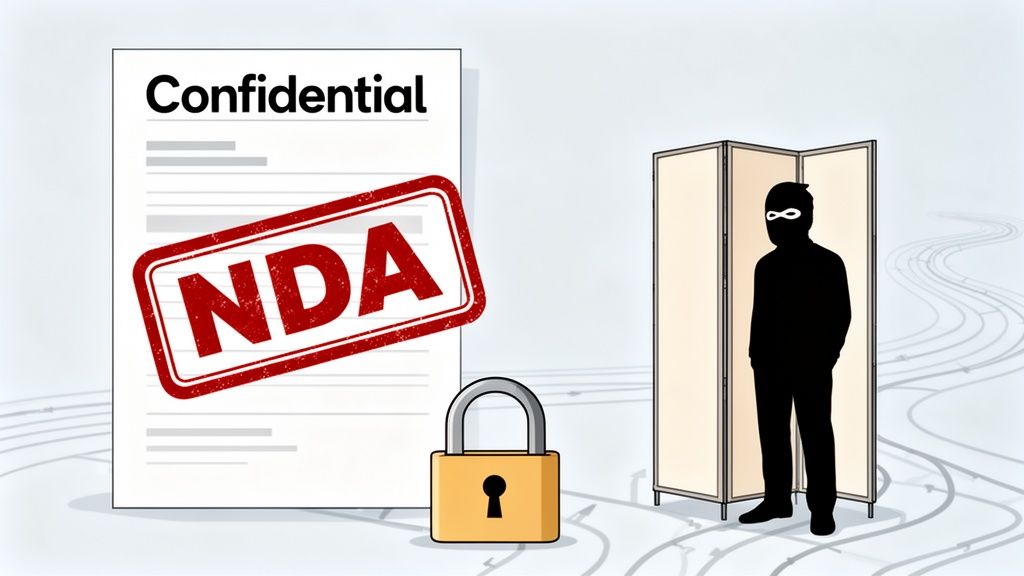 Illustration of a confidential NDA document, padlock, and masked person behind a screen, symbolizing data security breach.