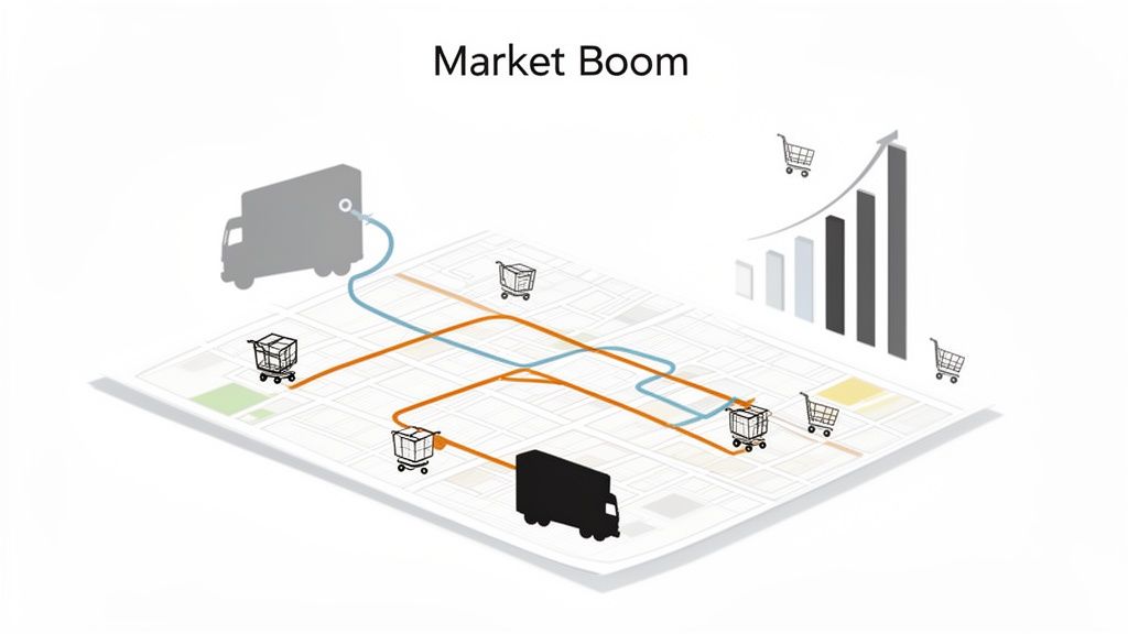 Illustration showing trucks delivering packages to shopping carts on a map, indicating market growth.