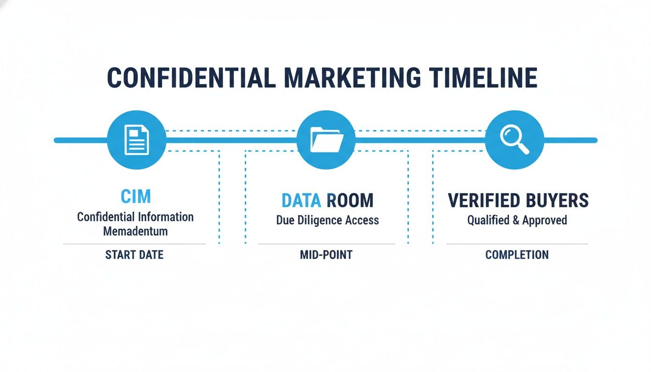 A confidential marketing timeline illustrating three key stages: CIM, Data Room, and Verified Buyers, from start to completion.