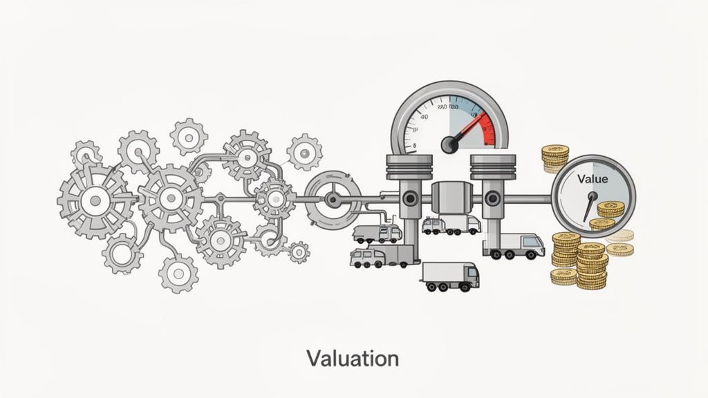 Illustration of an industrial system with gears, pistons, and trucks measuring financial value with coins.