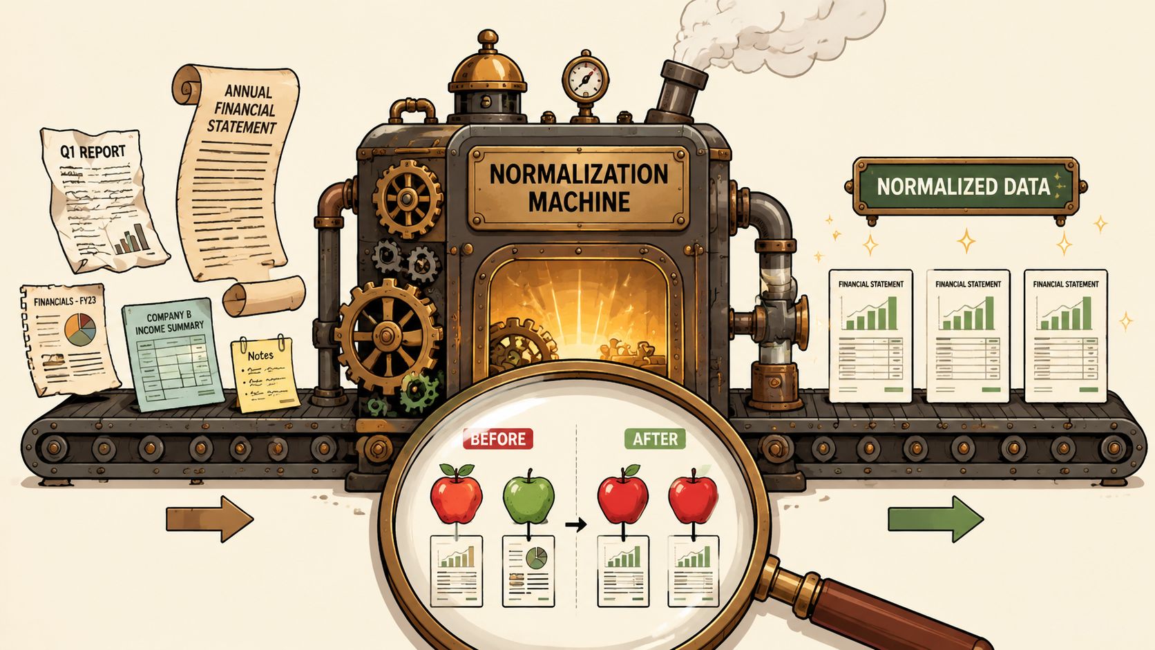 A whimsical illustration of a machine processing various financial documents into standardized, comparable report formats.