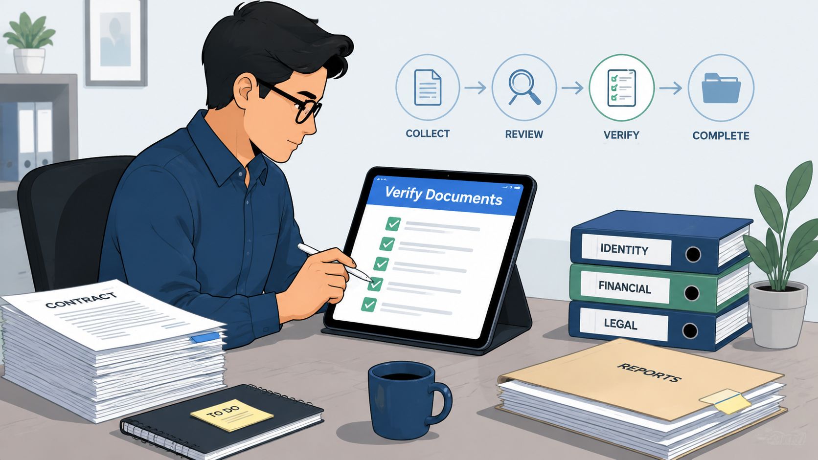A professional analyzing and verifying documents on a digital tablet at an organized desk with paperwork.