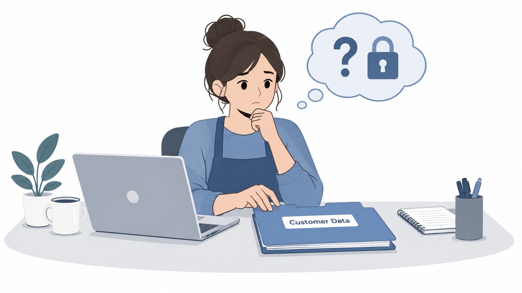 A businesswoman sitting at her desk looking concerned about confidential customer data security and privacy protection.