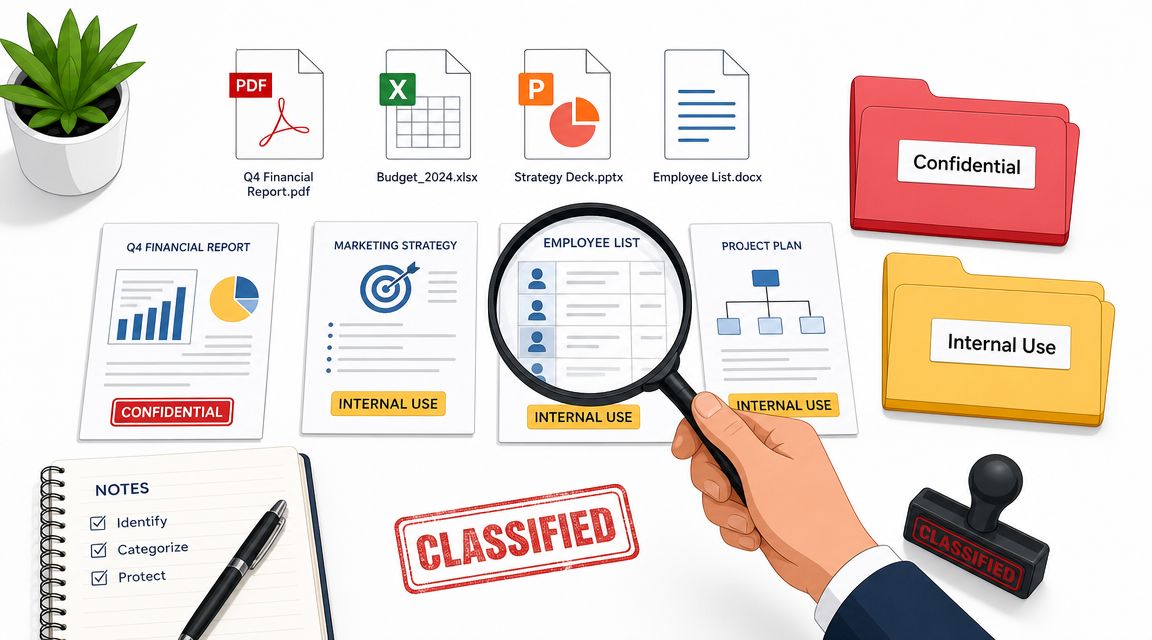 A hand using a magnifying glass to examine business documents and files labeled for confidential internal use.
