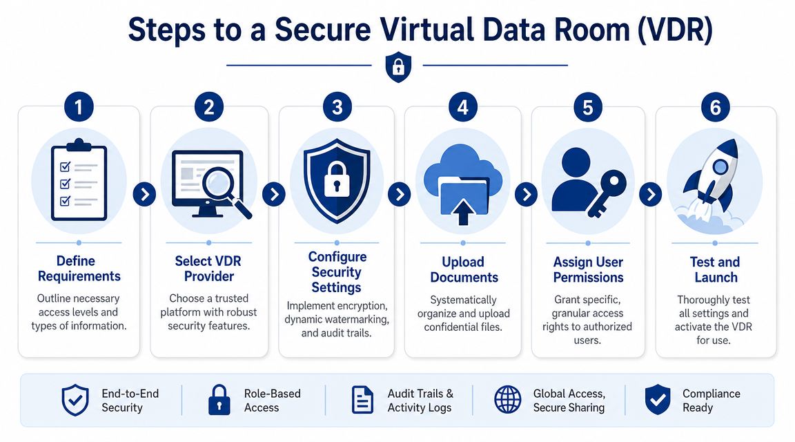 A six-step infographic illustrating the process of setting up a secure virtual data room for confidential files.
