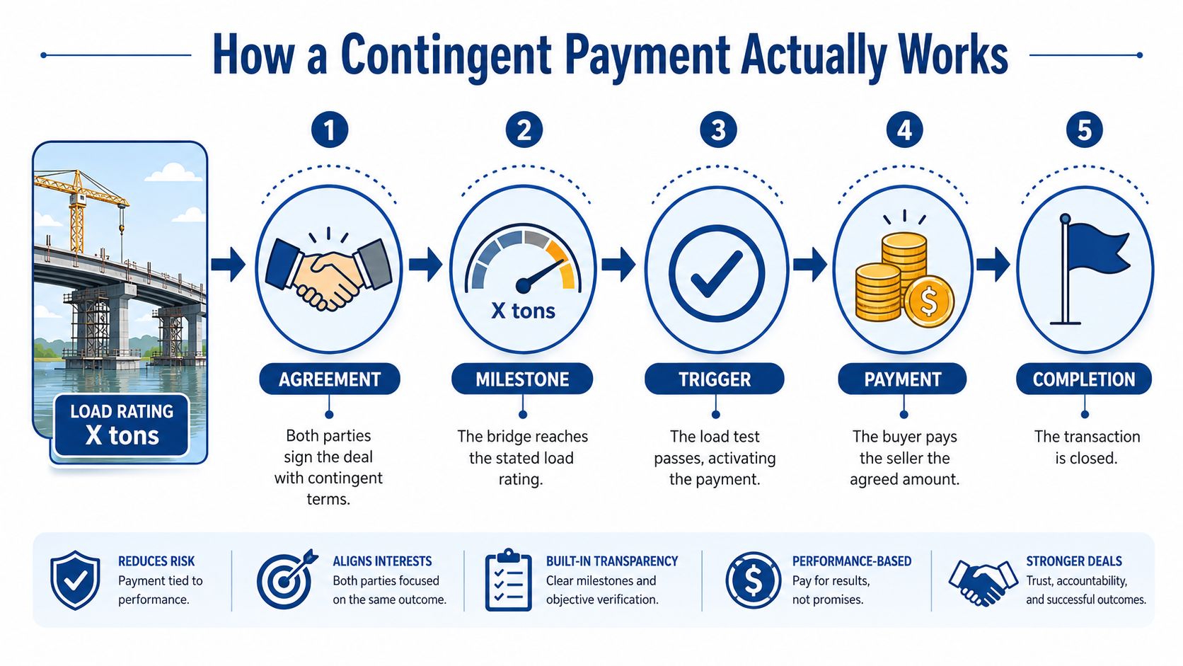 A five-step infographic explaining how a contingent payment process works using a bridge construction example.