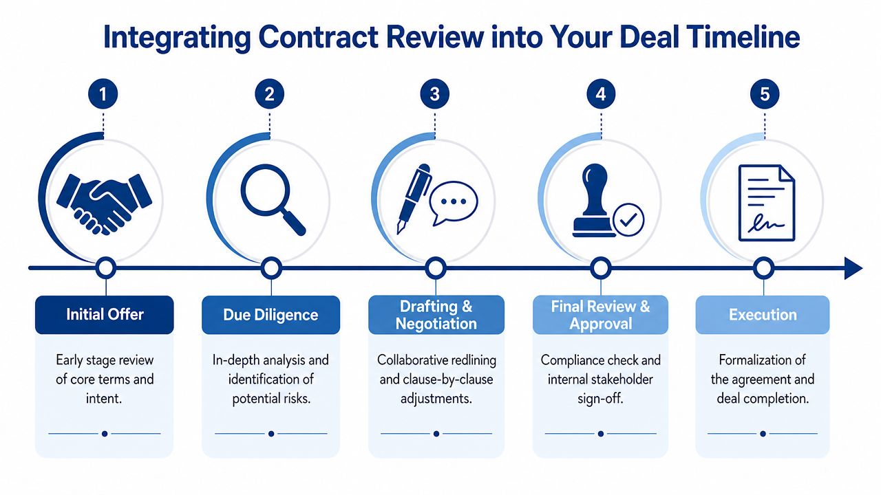 A five-step flowchart illustrating the contract review process within a business deal timeline from offer to execution.