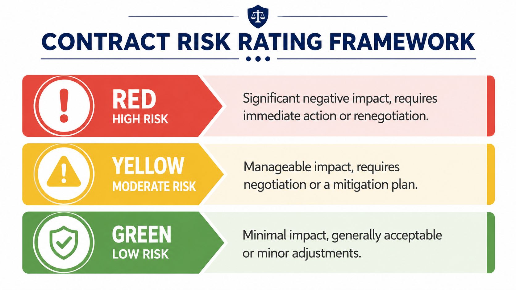 A color-coded contract risk rating framework chart showing red, yellow, and green categories for assessing business agreements.