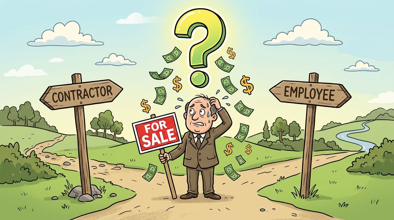 A confused businessman standing at a fork in the road choosing between contractor or employee status.