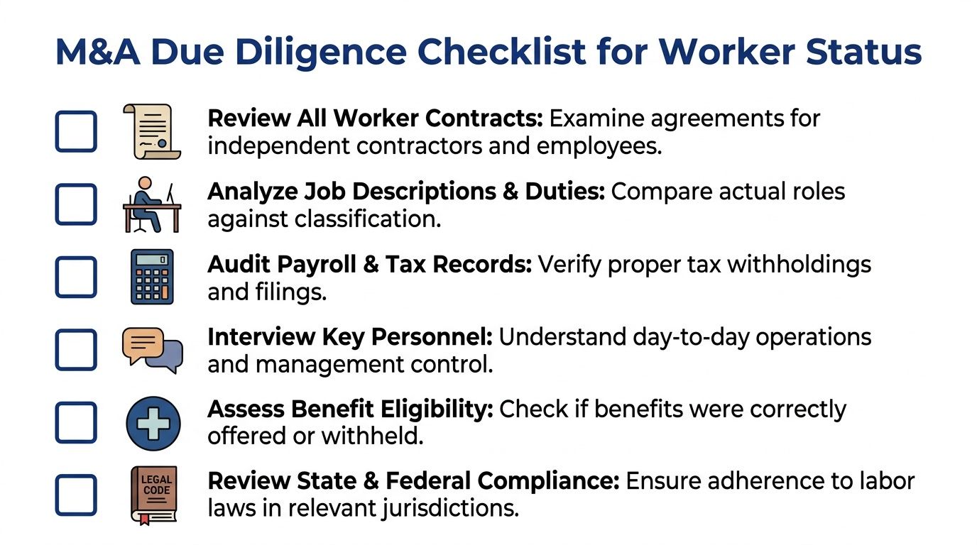 A checklist for M&A due diligence regarding worker status classification between contractors and employees.