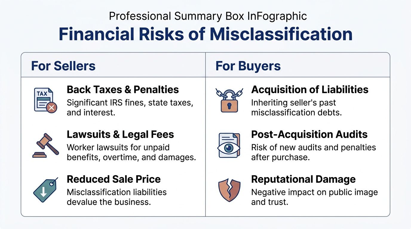 An infographic titled Financial Risks of Misclassification, detailing impacts for both sellers and buyers of businesses.