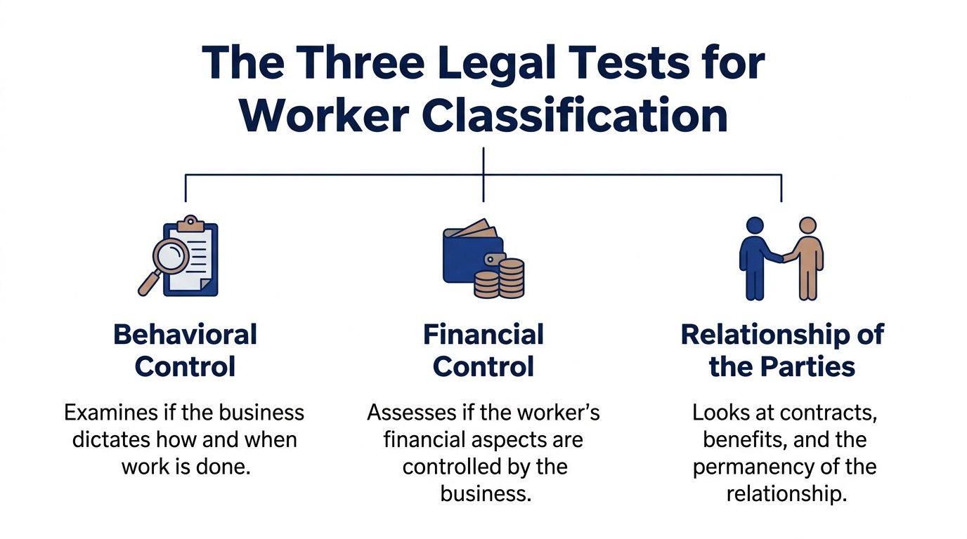 An infographic illustrating the three legal tests for worker classification: behavioral control, financial control, and relationship of the parties.