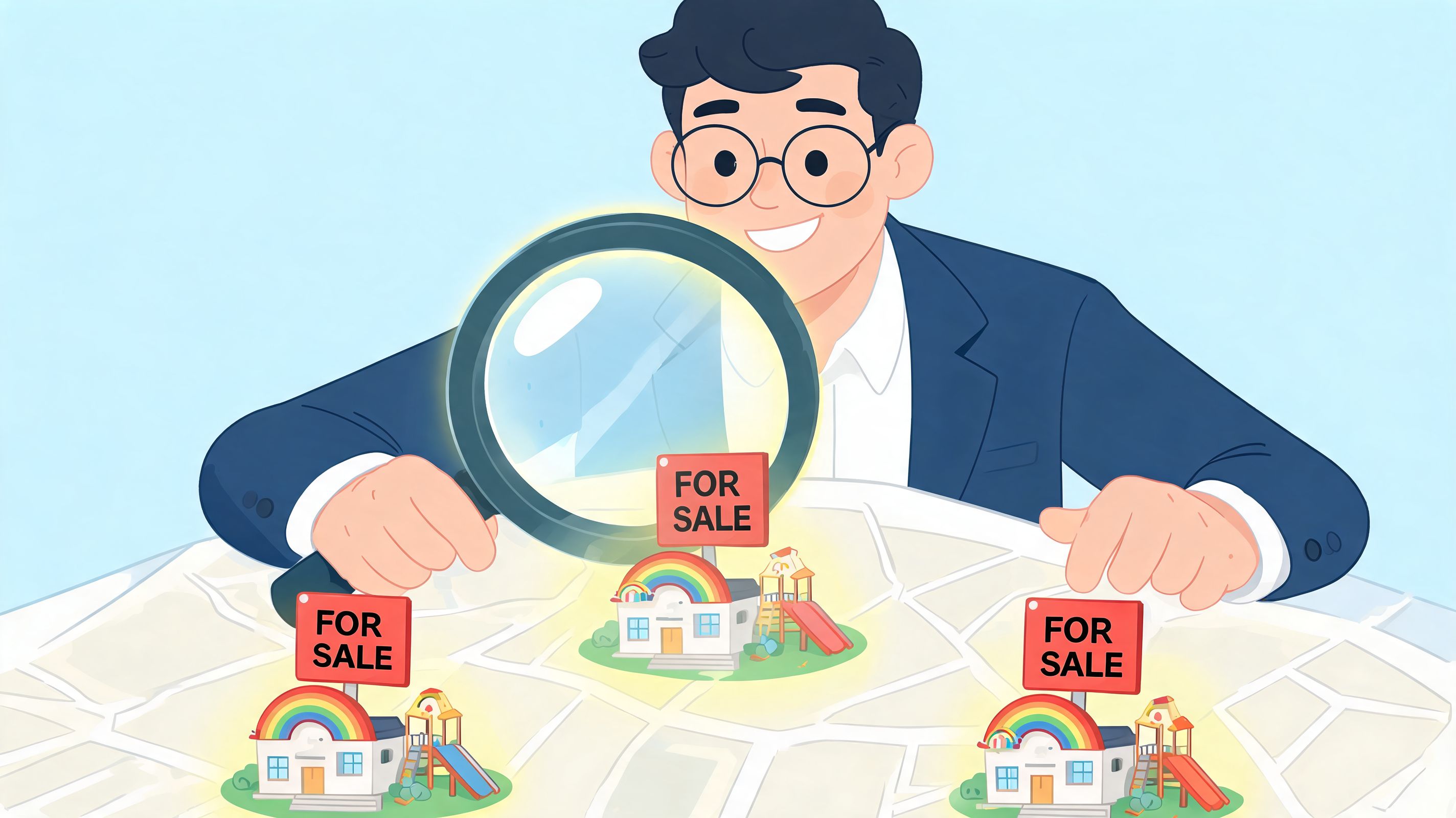 A man in a suit uses a magnifying glass to examine daycare centers for sale on a map.