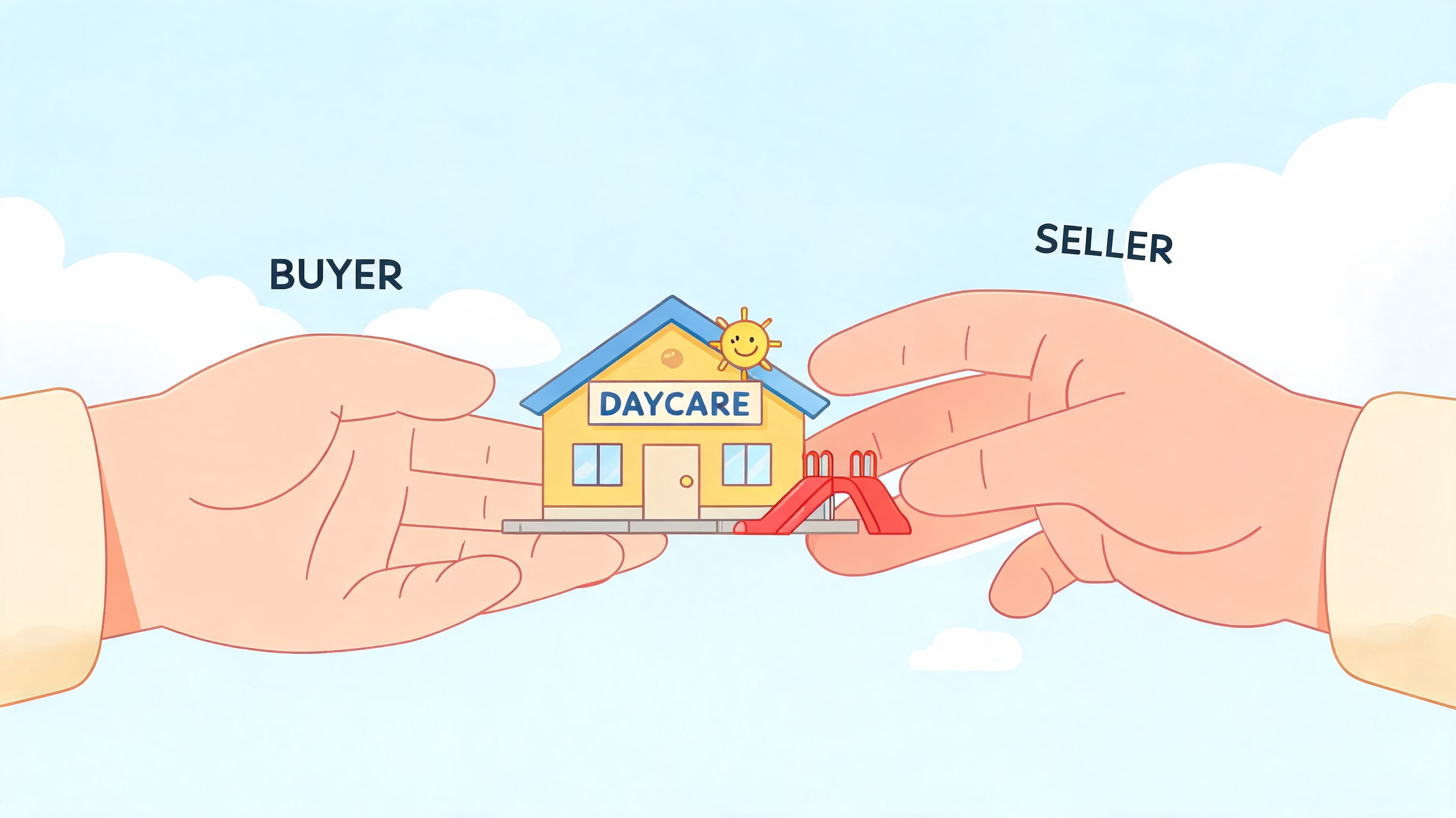 A conceptual illustration showing a buyer and seller's hands exchanging a small model daycare center building.