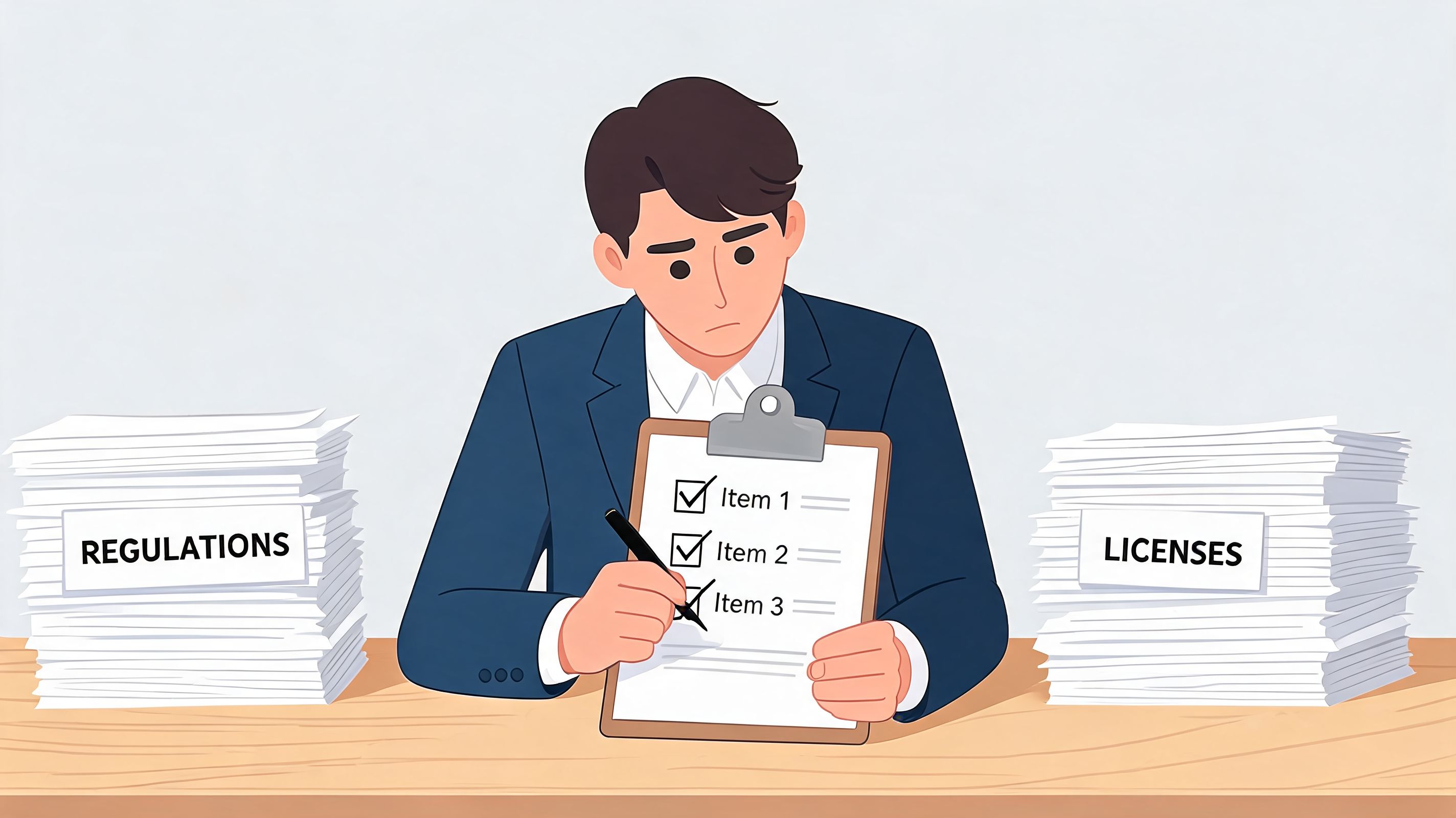 A businessman sits at a desk filled with stacks of paperwork labeled regulations and licenses, checking off items.