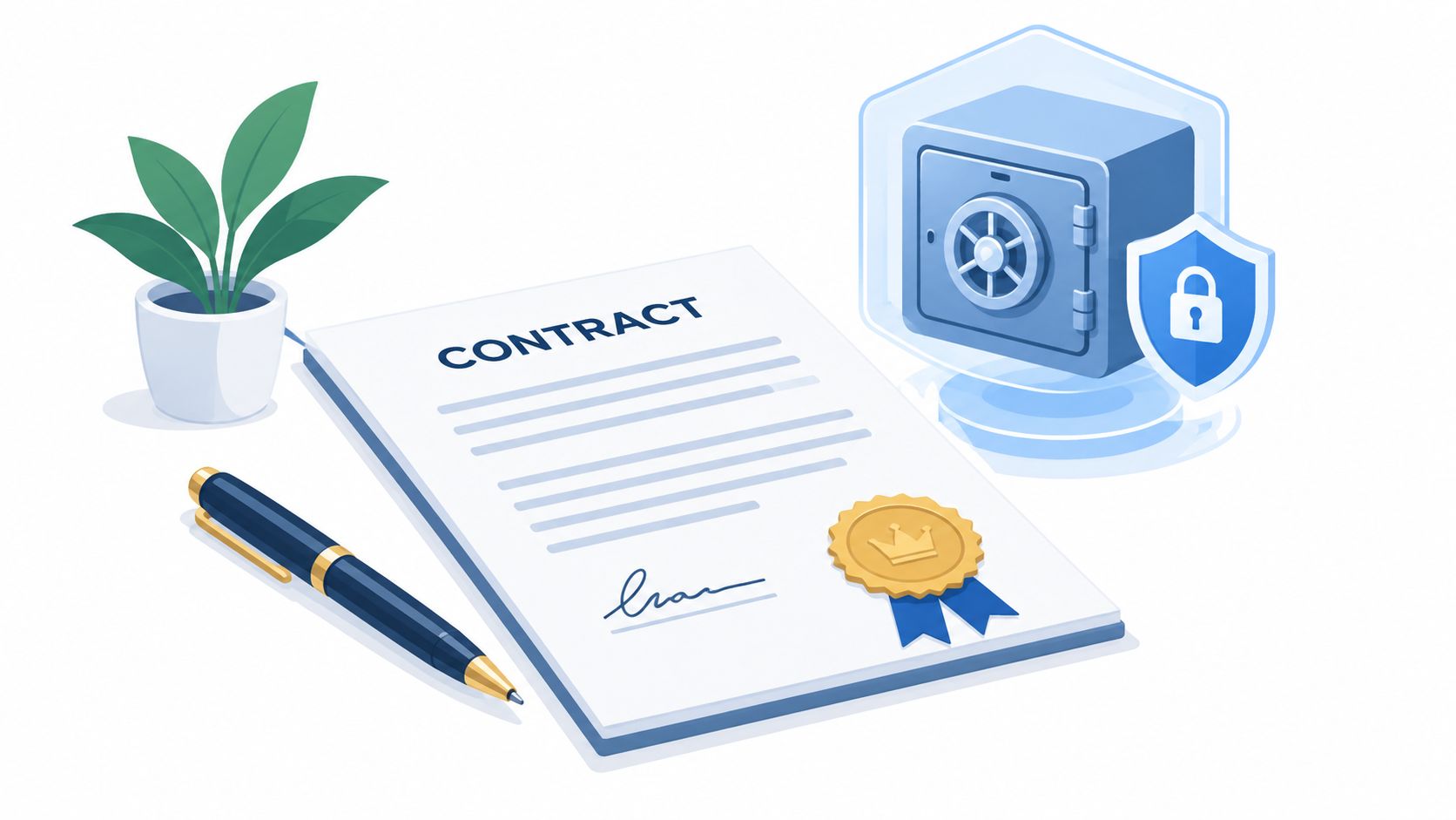 A digital illustration showing a contract document next to a pen, a plant, and a secure vault.
