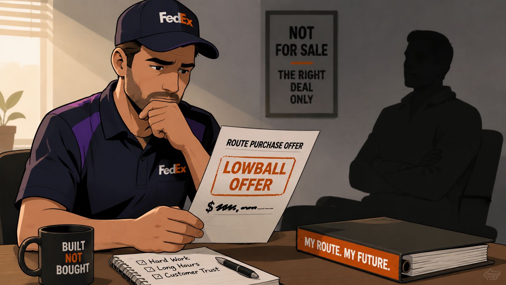 A FedEx driver contemplates a lowball offer for his delivery route while sitting at his desk.