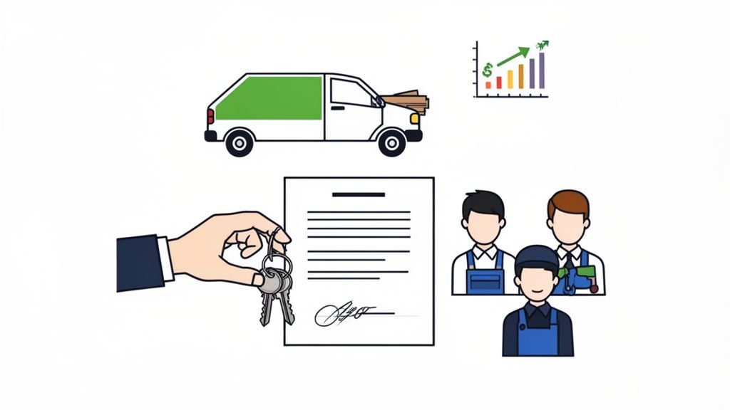 Illustration showing a delivery van, keys, a signed contract, a financial growth chart, and three workers.
