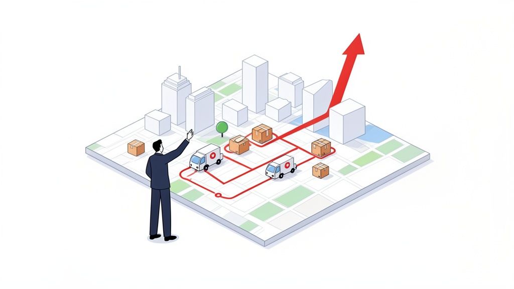 A man views a city map with delivery trucks, packages, optimized routes, and an upward growth arrow.