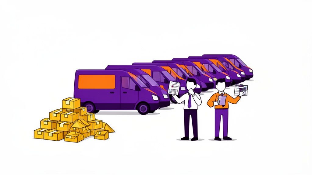 Illustration of delivery vans, a pile of boxes, and two managers reviewing logistics documents.