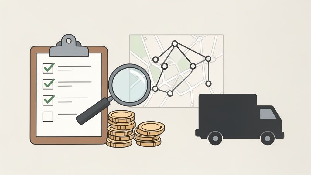 Illustration depicting logistics management: a checklist, money, route map, and a delivery truck.