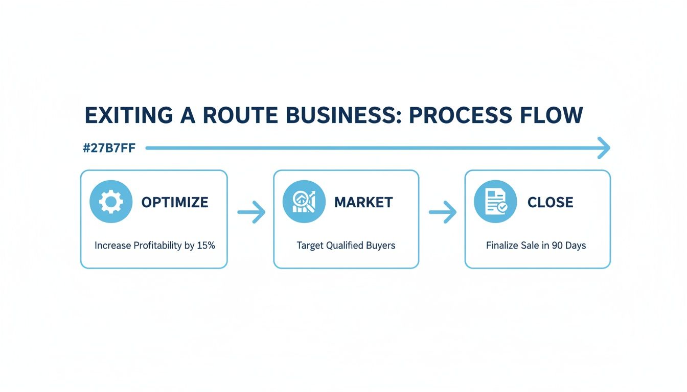 A process flow chart outlining steps for exiting a route business: Optimize, Market, Close.
