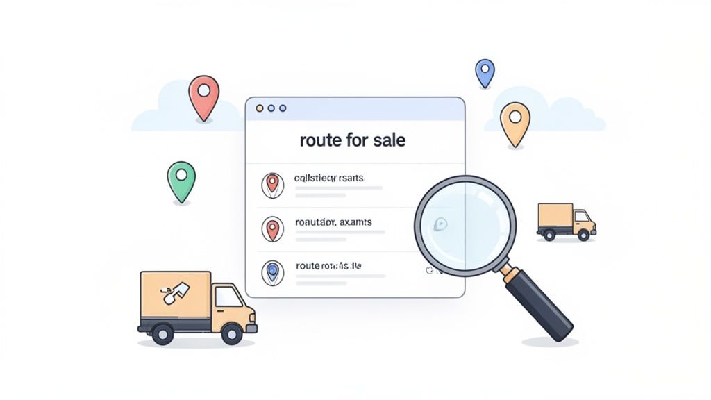 Illustration of a search for 'route for sale' with location pins, delivery trucks, and a magnifying glass, depicting logistics business.