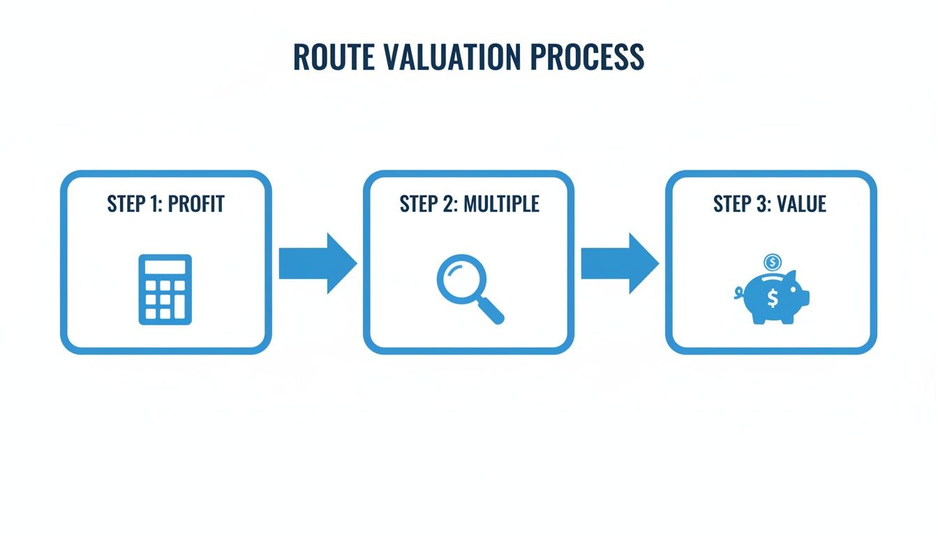 Infographic illustrating the three-step route valuation process with icons for profit, multiple, and value.