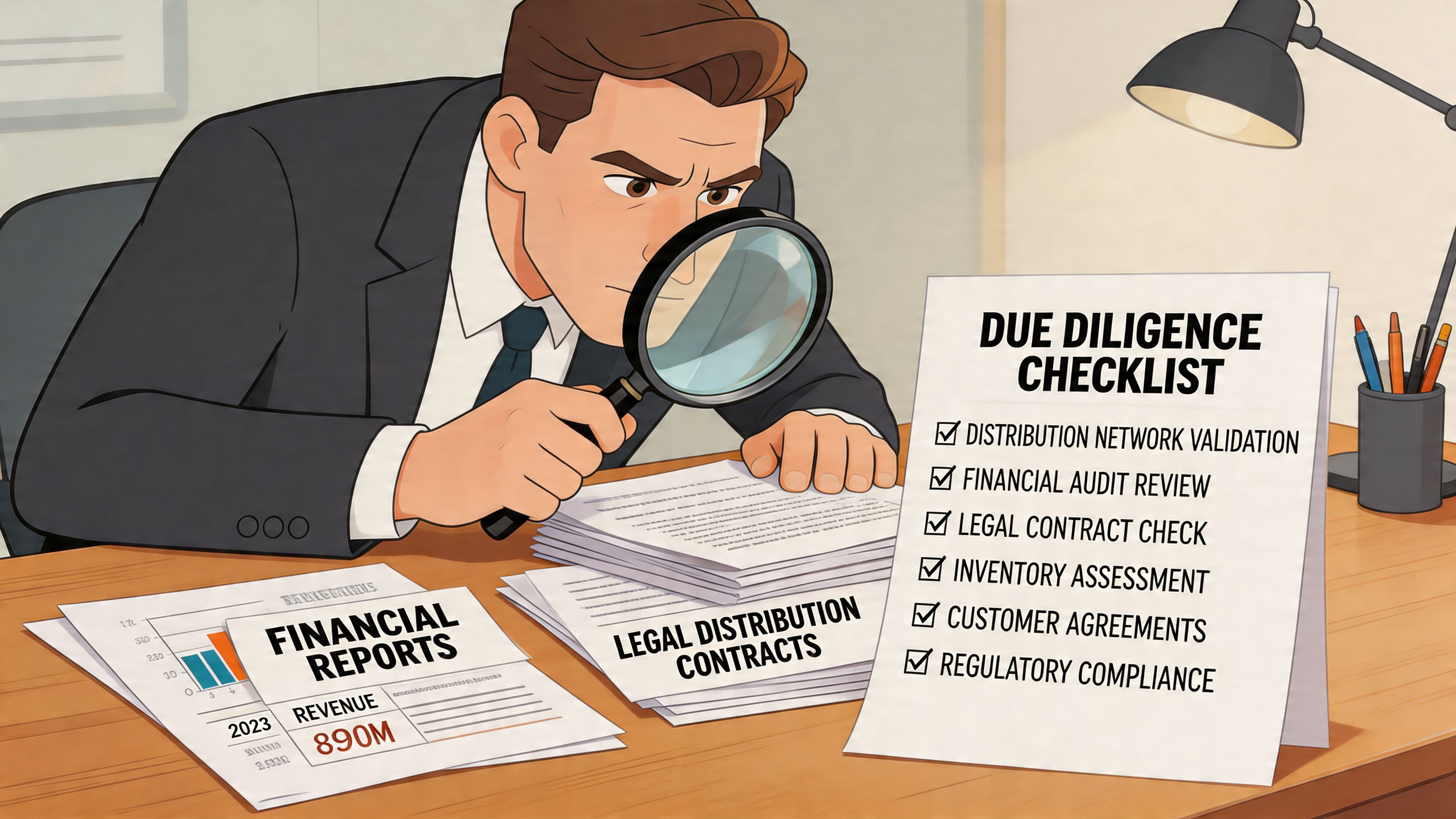 A professional business person reviews a due diligence checklist and financial reports for a distribution business acquisition.